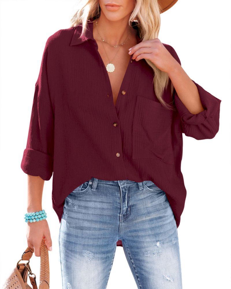 Odelia Blouse Femme – 100% Coton, Col V, Coupe Ample, Boutonnée & Poche