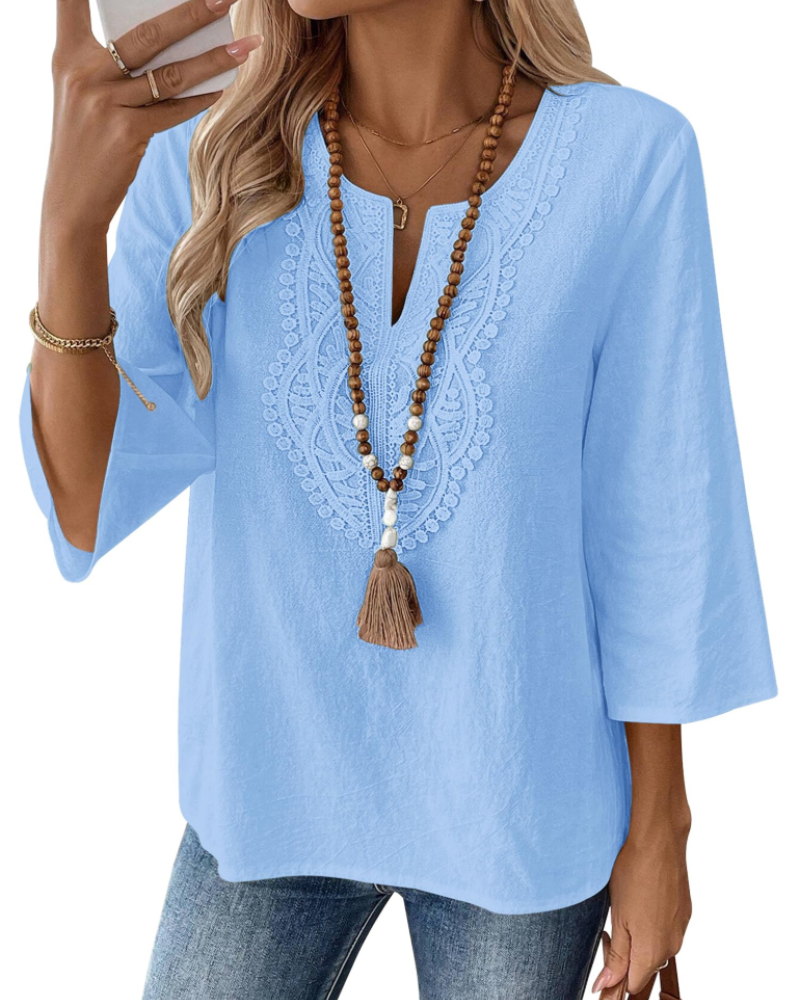 Coralie Blouse Femme – 80% Coton 20% Lin, Col V Dentelle, Manches 3/4 & Coupe Ample