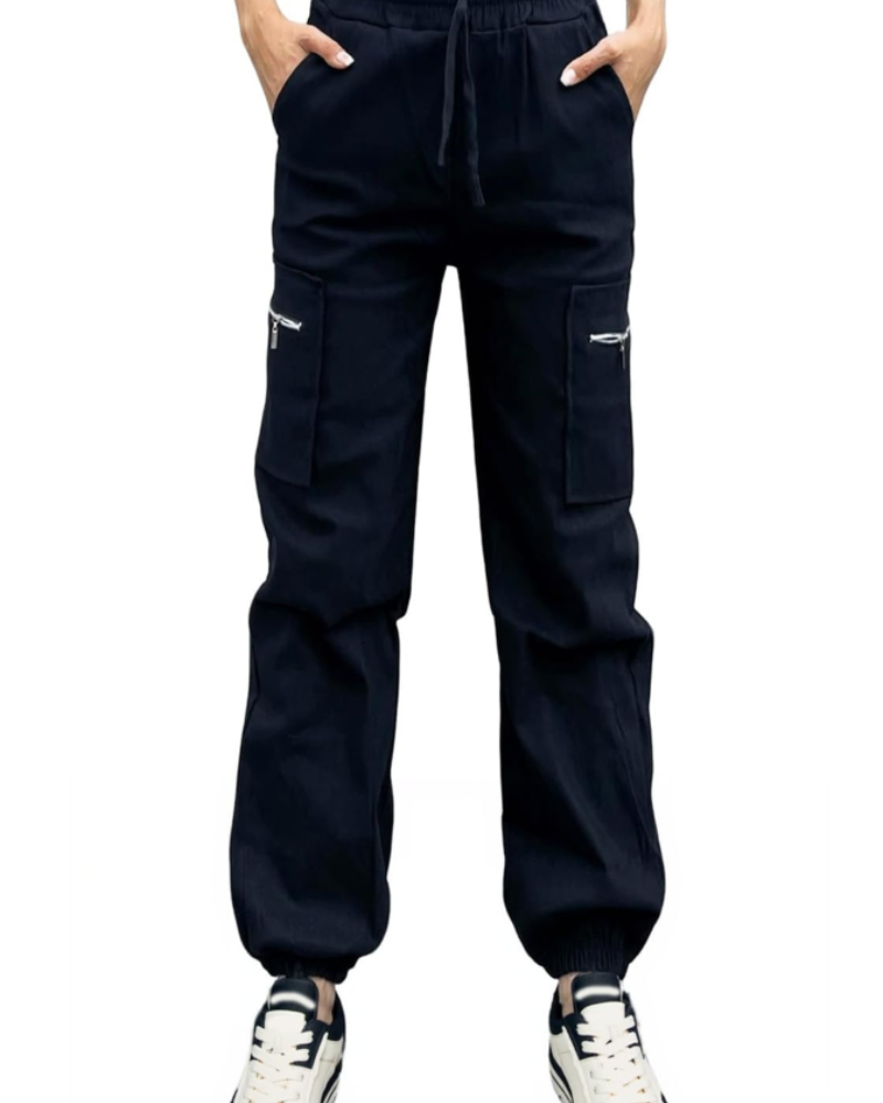 Zafira Pantalon Cargo Femme – Taille Haute Élastique, Coupe Baggy, Chevilles Resserrées & Poches