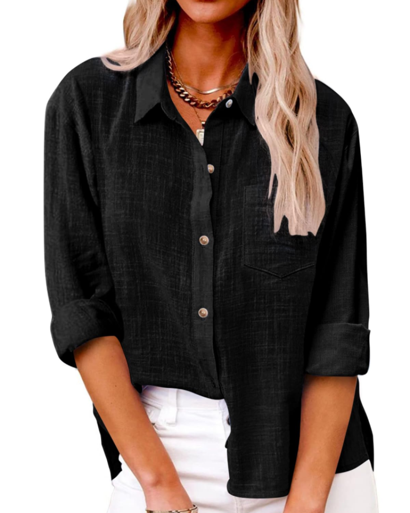 Jessamine Blouse Femme – 100% Coton, Col V Boutonné, Coupe Ample & Poche