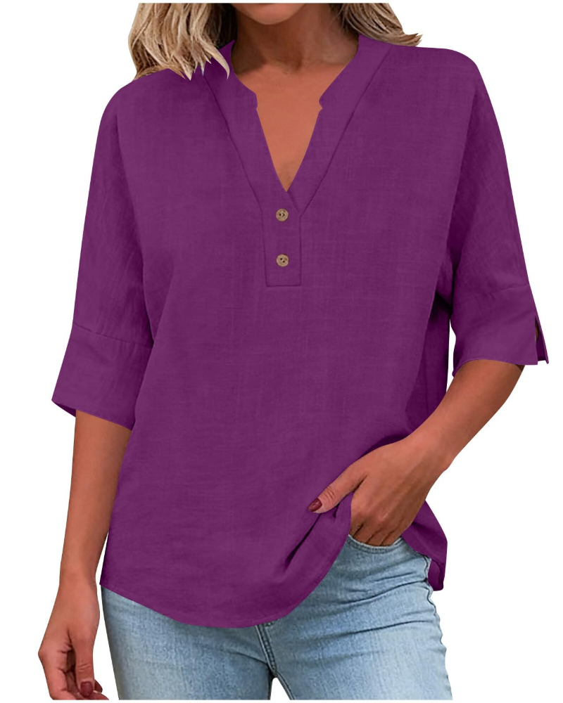 Eirlys Blouse Femme – Coton & Lin, Col V Boutonné, Manches 3/4, Coupe Ample