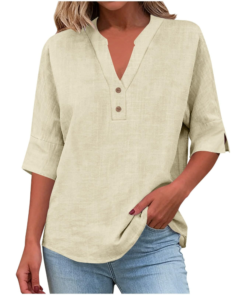 Eirlys Blouse Femme – Coton & Lin, Col V Boutonné, Manches 3/4, Coupe Ample