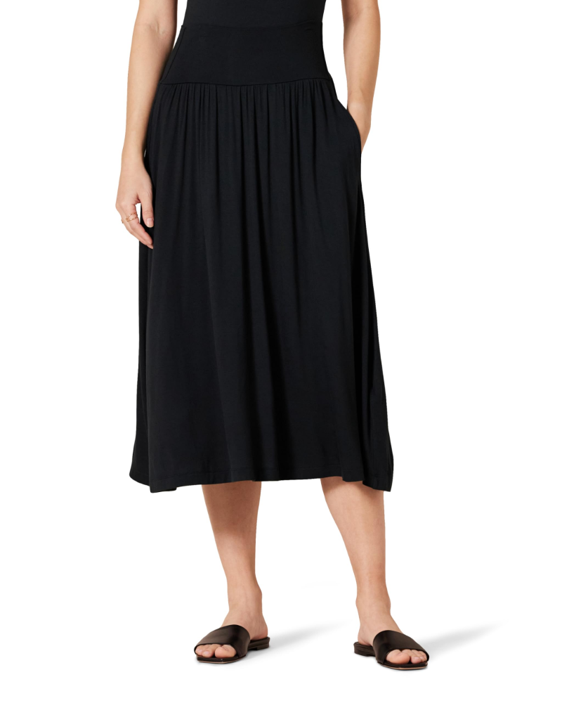 Ione Jupe Midi Femme – Jersey Viscose Stretch, Taille Élastique, Fronces & Poches