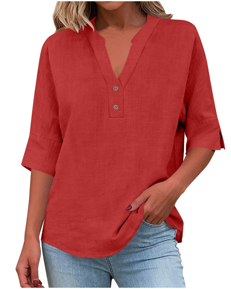 Eirlys Blouse Femme – Coton & Lin, Col V Boutonné, Manches 3/4, Coupe Ample