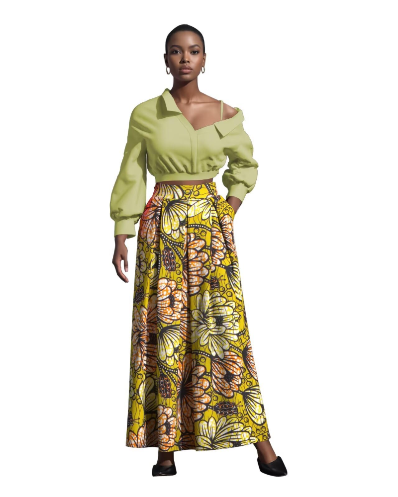 Melisande Jupe Longue Femme – Taille Haute, Coupe Évasée, Imprimée & Zip Latéral
