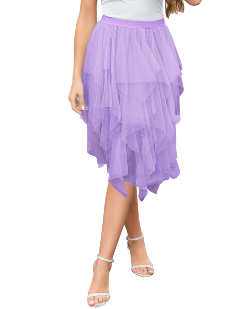 Liora Jupe Midi Femme – Tulle 3 Couches, Taille Haute Élastique & Volants Asymétriques
