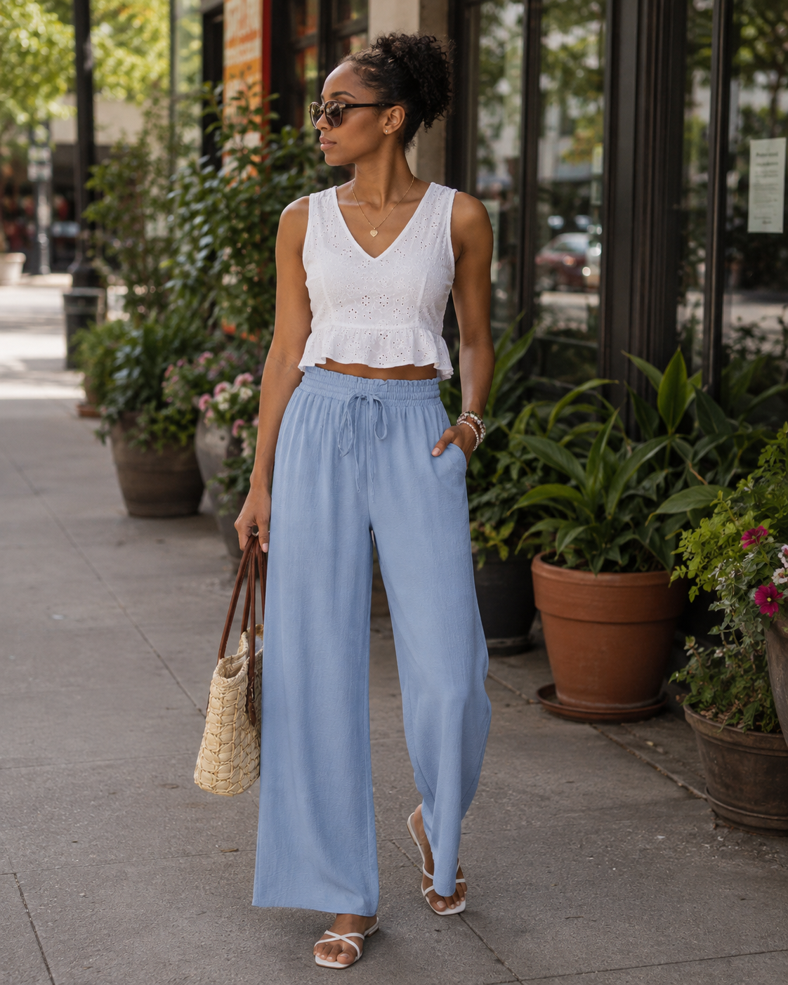 Anaïs Pantalon Palazzo Femme – Taille Haute Élastique, Jambes Larges & Poches