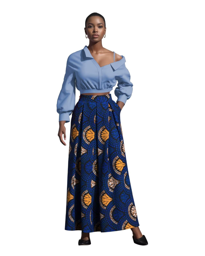 Melisande Jupe Longue Femme – Taille Haute, Coupe Évasée, Imprimée & Zip Latéral