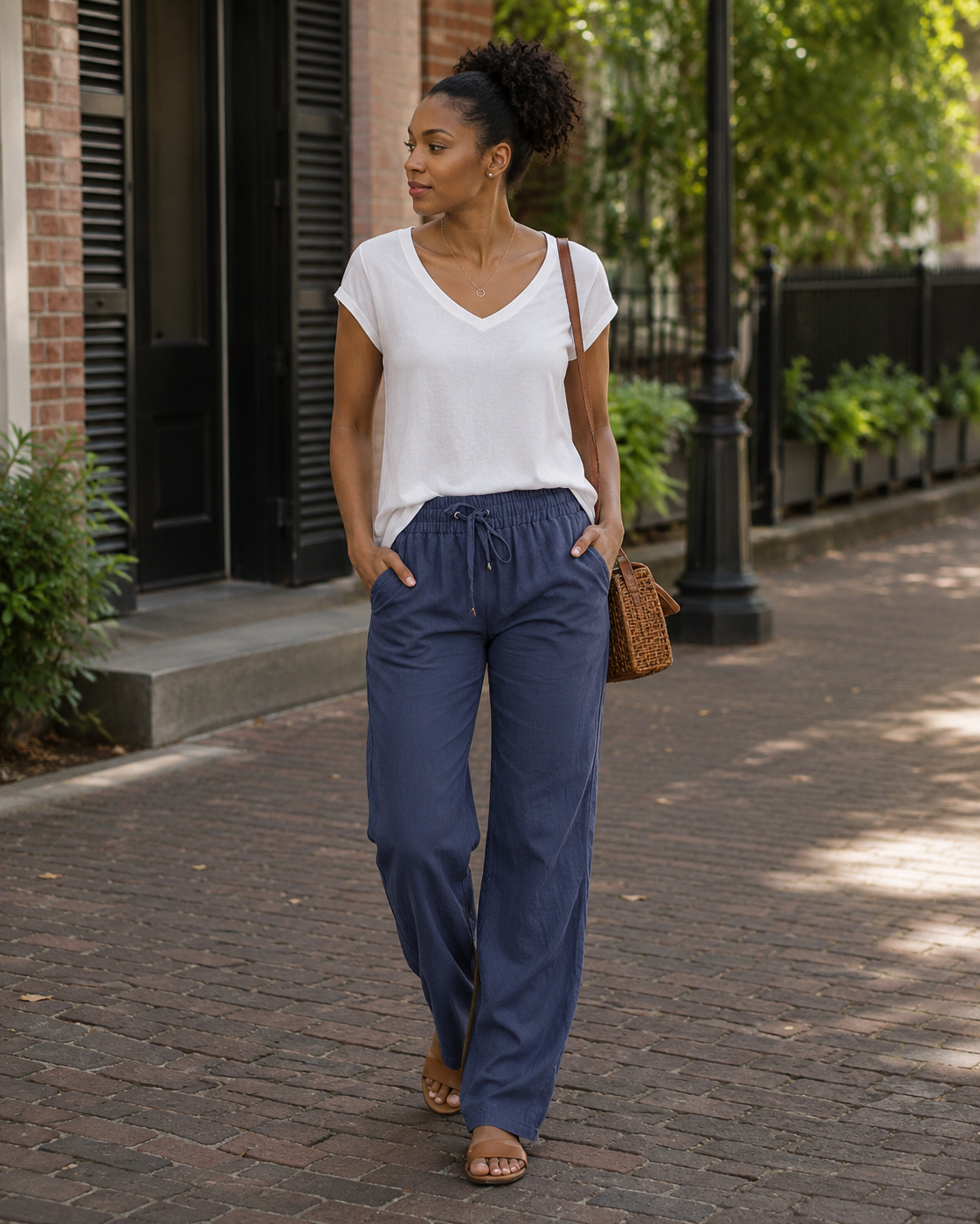Clara Pantalon Lin Femme – Taille Élastique, Cordon Ajustable, Coupe Ample & Poches