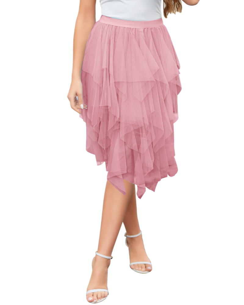 Liora Jupe Midi Femme – Tulle 3 Couches, Taille Haute Élastique & Volants Asymétriques