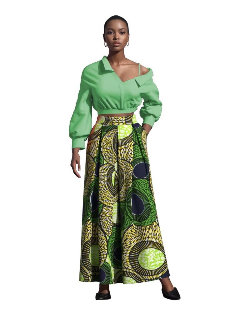 Melisande Jupe Longue Femme – Taille Haute, Coupe Évasée, Imprimée & Zip Latéral