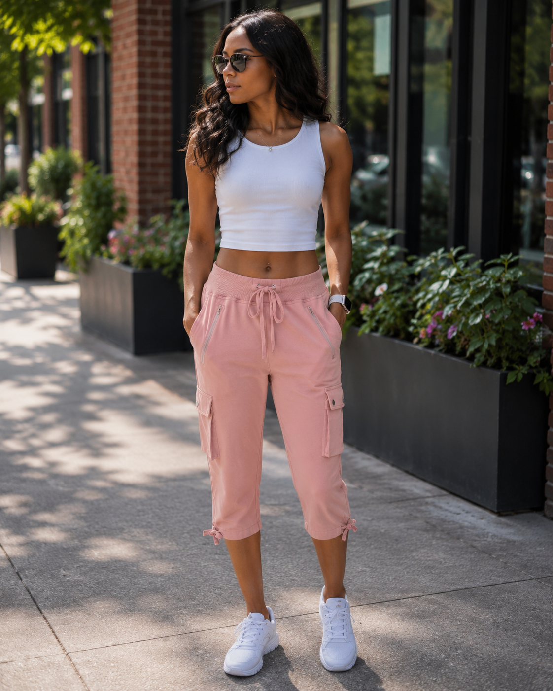 Lucie Pantalon Cargo Capri Femme – 3/4 Léger, Respirant, 4 Poches & Cordon Réglable