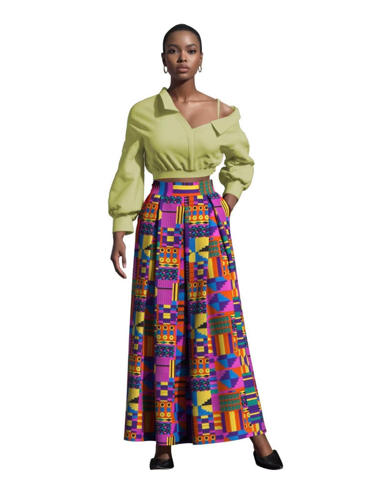 Melisande Jupe Longue Femme – Taille Haute, Coupe Évasée, Imprimée & Zip Latéral