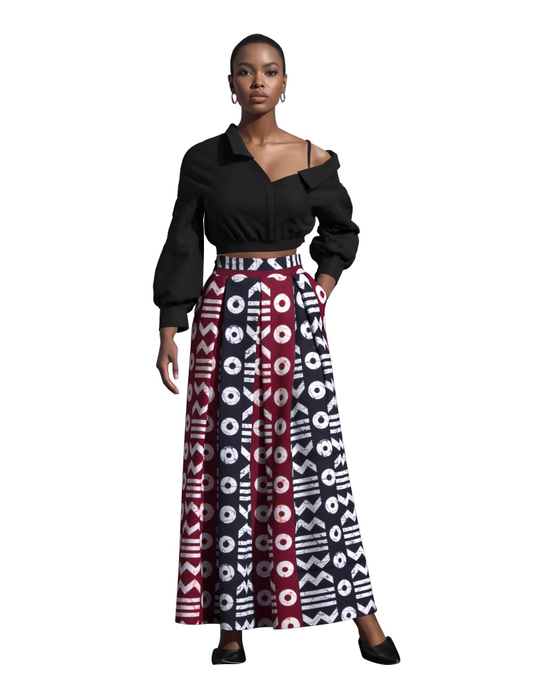 Melisande Jupe Longue Femme – Taille Haute, Coupe Évasée, Imprimée & Zip Latéral