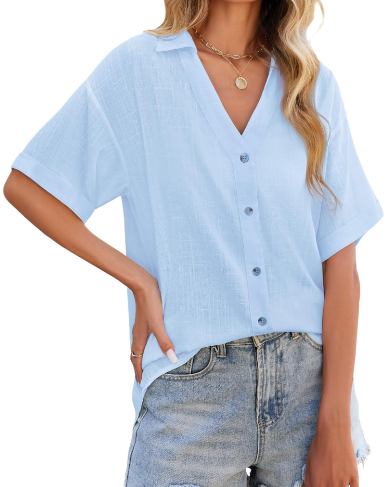 Delphine Blouse Femme – Lin & Viscose, Col V Boutonné, Manches Courtes & Coupe Ample