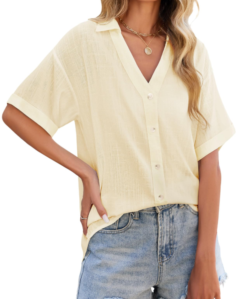 Delphine Blouse Femme – Lin & Viscose, Col V Boutonné, Manches Courtes & Coupe Ample