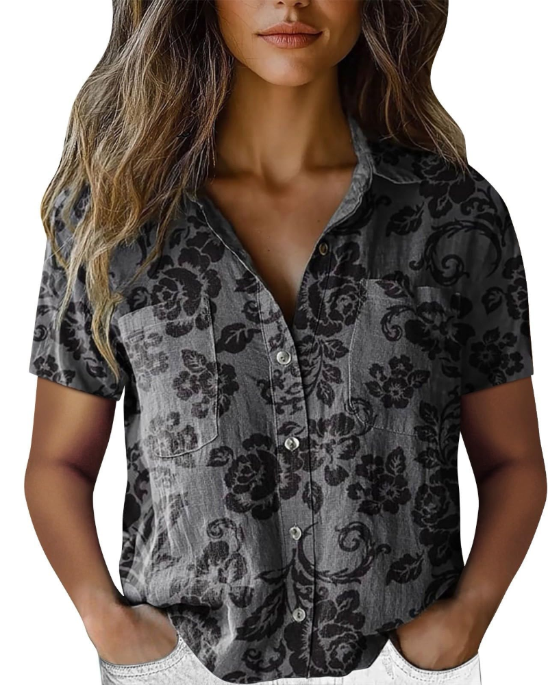 Cressida Blouse Femme – Coton & Lin, Col V Boutonné, Manches Courtes & Coupe Ample