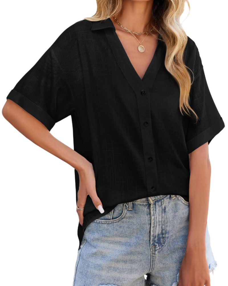Delphine Blouse Femme – Lin & Viscose, Col V Boutonné, Manches Courtes & Coupe Ample