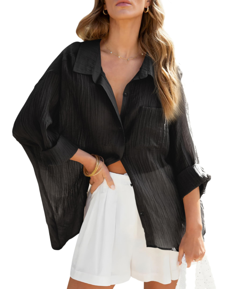 Linnea Chemisier Femme – Col V, Manches Longues, Boutonné & Poches Poitrine