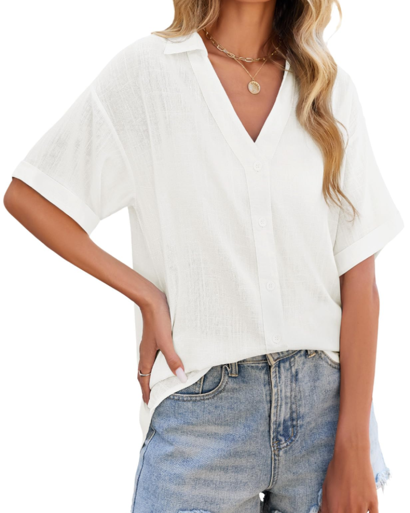 Delphine Blouse Femme – Lin & Viscose, Col V Boutonné, Manches Courtes & Coupe Ample