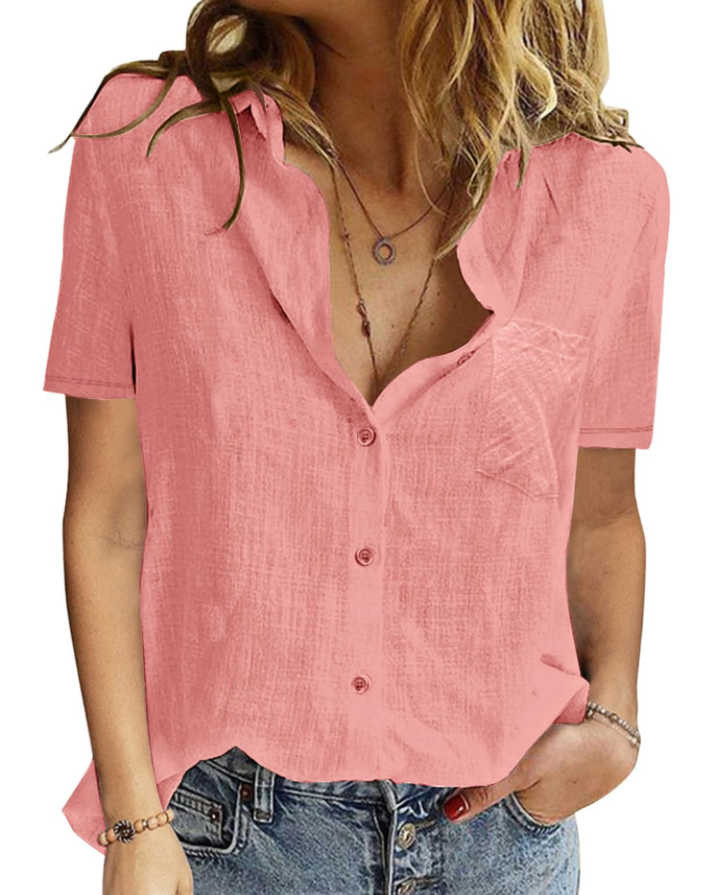 Celestine Blouse Femme – 100 % Coton, Col V Boutonné, Manches Courtes & Coupe Ample