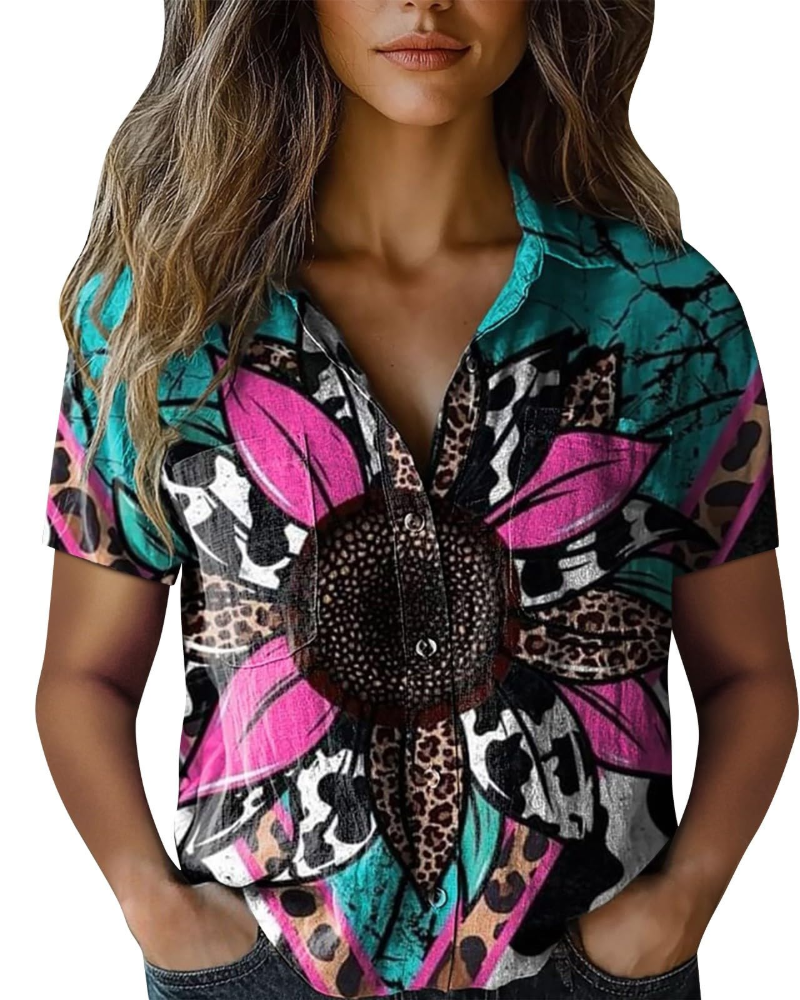 Cressida Blouse Femme – Coton & Lin, Col V Boutonné, Manches Courtes & Coupe Ample