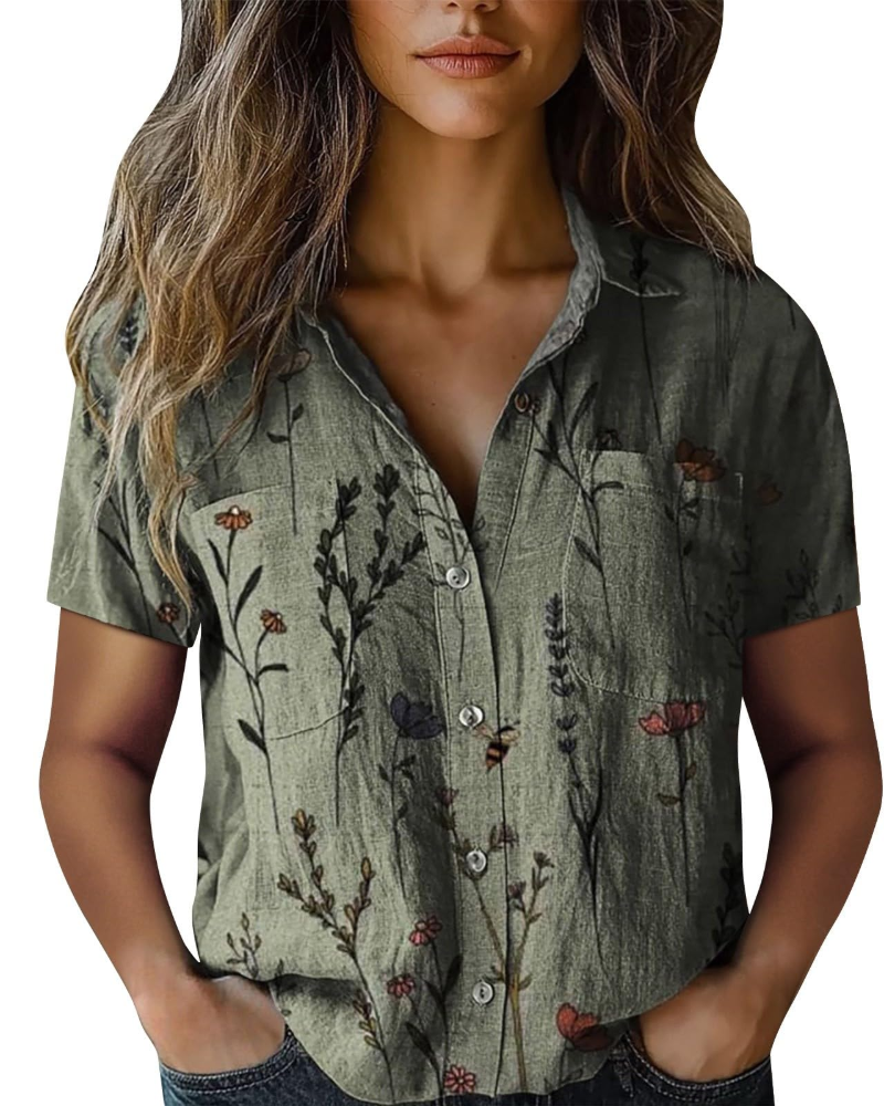 Cressida Blouse Femme – Coton & Lin, Col V Boutonné, Manches Courtes & Coupe Ample