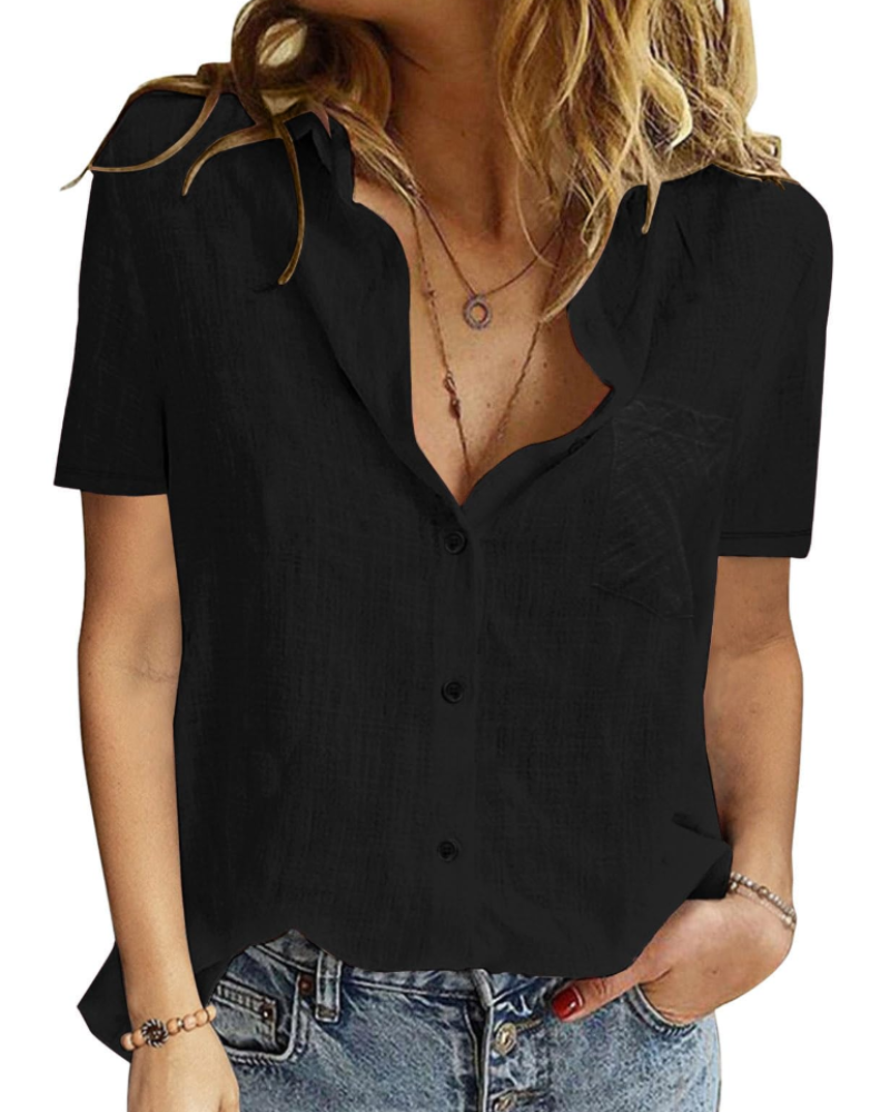 Celestine Blouse Femme – 100 % Coton, Col V Boutonné, Manches Courtes & Coupe Ample