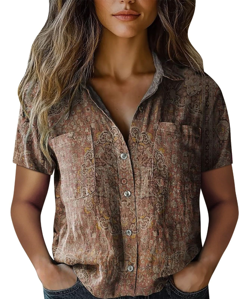 Cressida Blouse Femme – Coton & Lin, Col V Boutonné, Manches Courtes & Coupe Ample