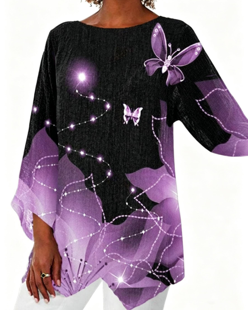 Adelina Tunique Femme – Col Rond, Manches 3/4, Imprimé Floral, Coupe Longue & Ample