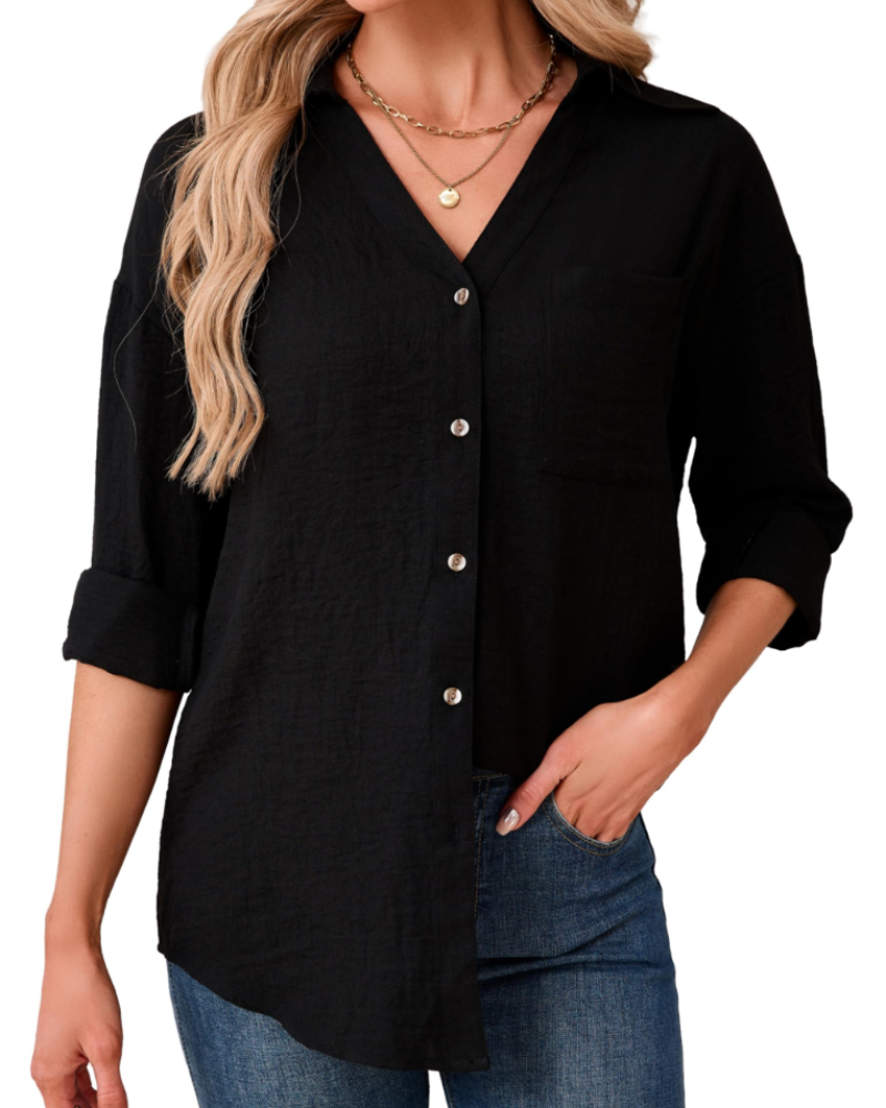 Aveline Chemisier Femme – 70 % Coton & 30 % Lin, Col V, Manches 3/4 & Poche Poitrine
