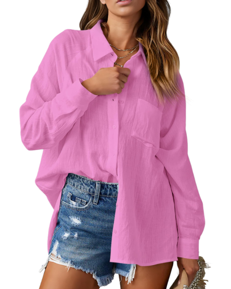 Mirabelle Chemisier Femme – Col V, Manches Longues, Boutonné & Poche Poitrine