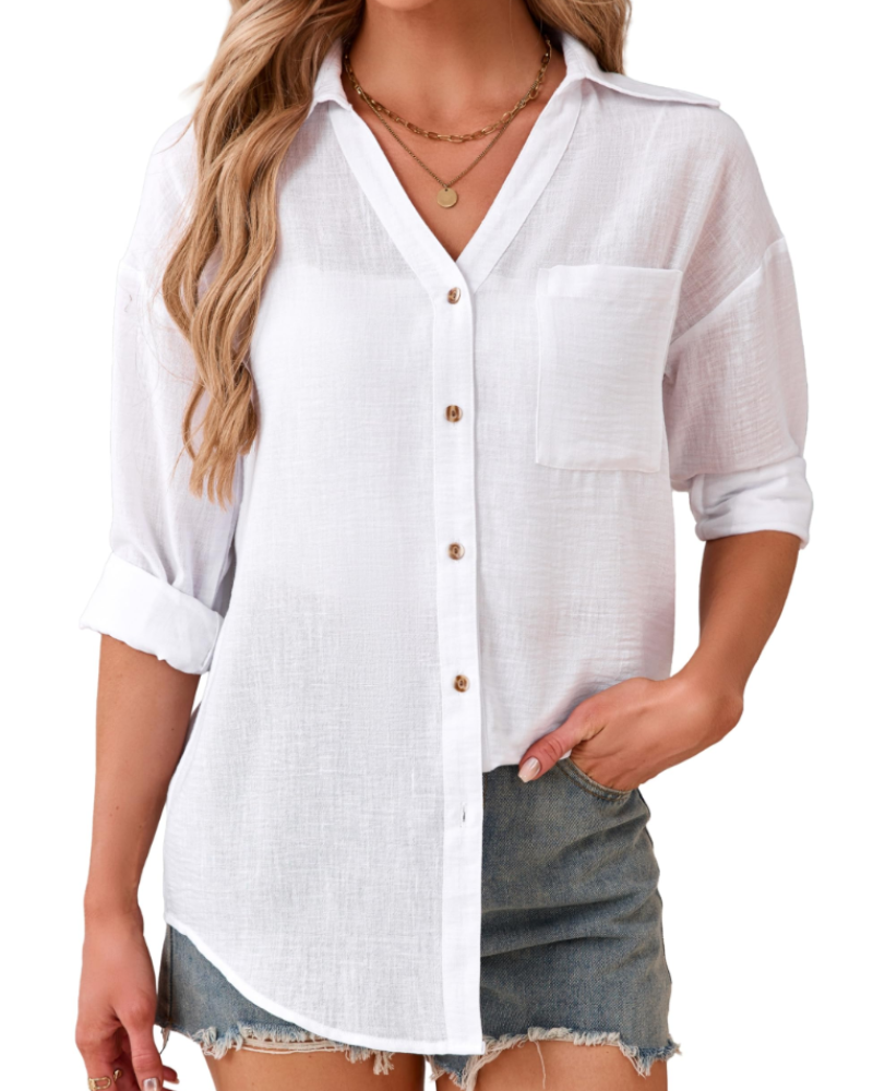 Aveline Chemisier Femme – 70 % Coton & 30 % Lin, Col V, Manches 3/4 & Poche Poitrine