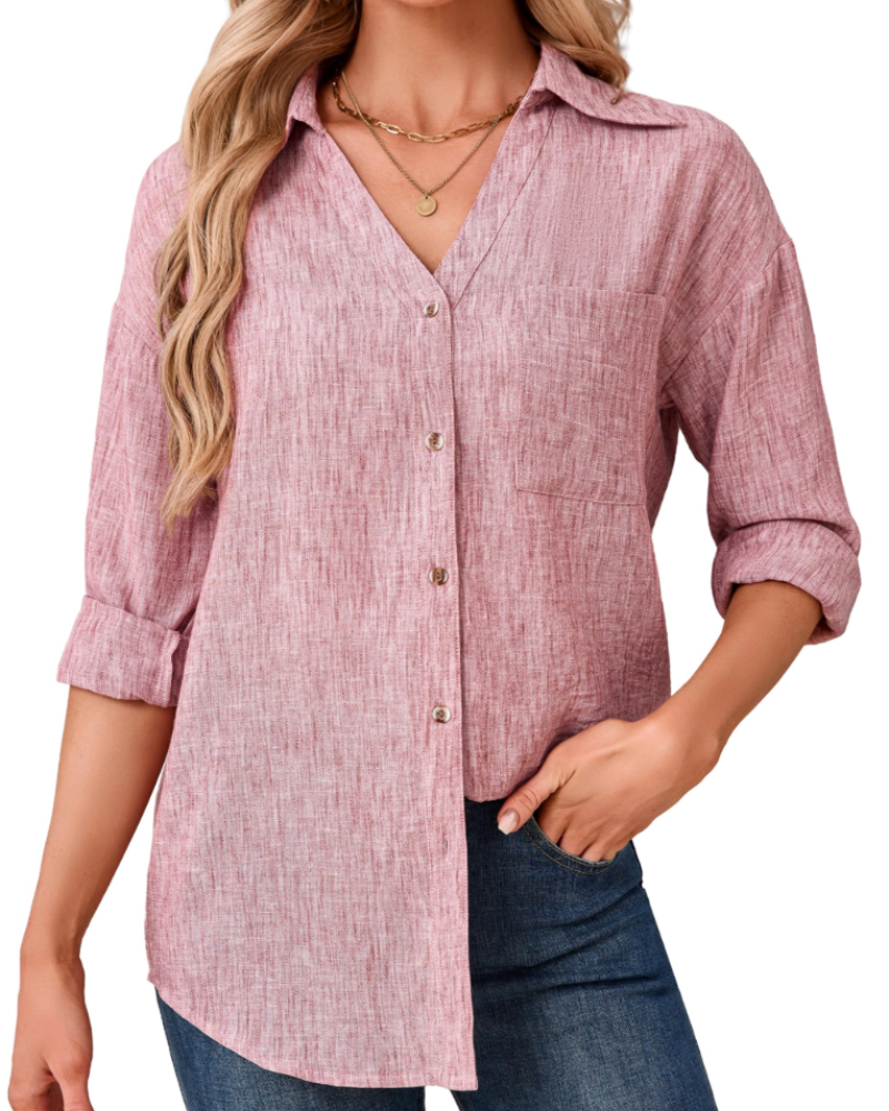 Aveline Chemisier Femme – 70 % Coton & 30 % Lin, Col V, Manches 3/4 & Poche Poitrine