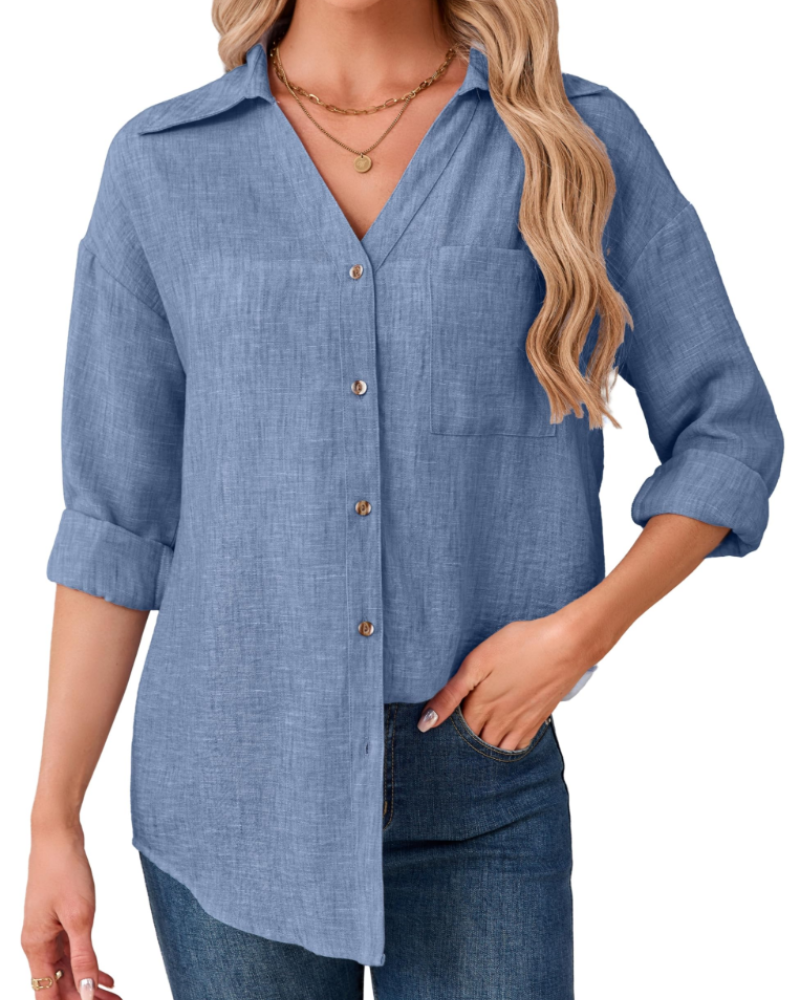 Aveline Chemisier Femme – 70 % Coton & 30 % Lin, Col V, Manches 3/4 & Poche Poitrine
