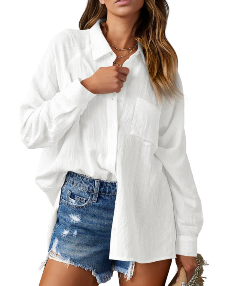 Mirabelle Chemisier Femme – Col V, Manches Longues, Boutonné & Poche Poitrine
