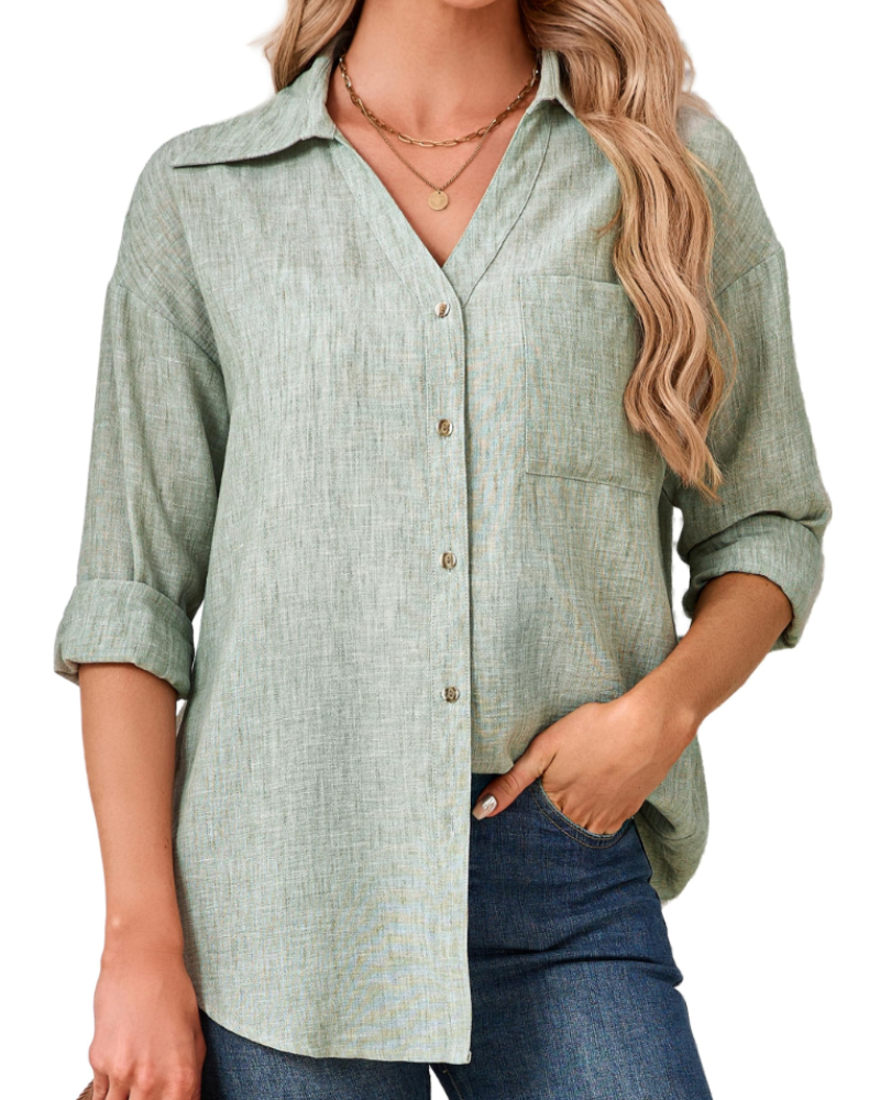 Aveline Chemisier Femme – 70 % Coton & 30 % Lin, Col V, Manches 3/4 & Poche Poitrine