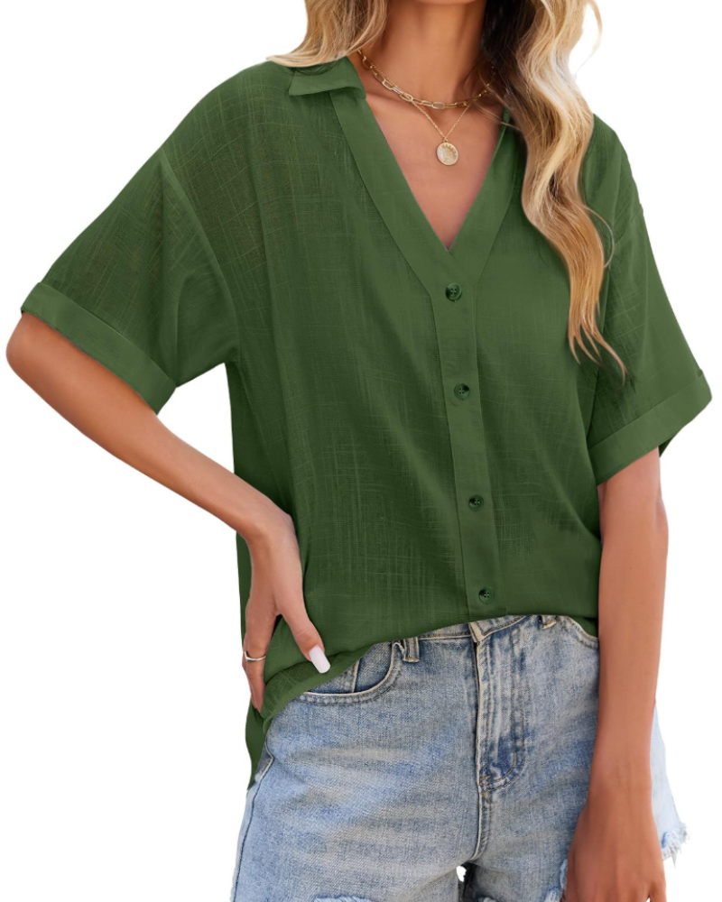 Delphine Blouse Femme – Lin & Viscose, Col V Boutonné, Manches Courtes & Coupe Ample