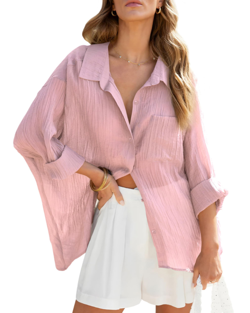 Linnea Chemisier Femme – Col V, Manches Longues, Boutonné & Poches Poitrine