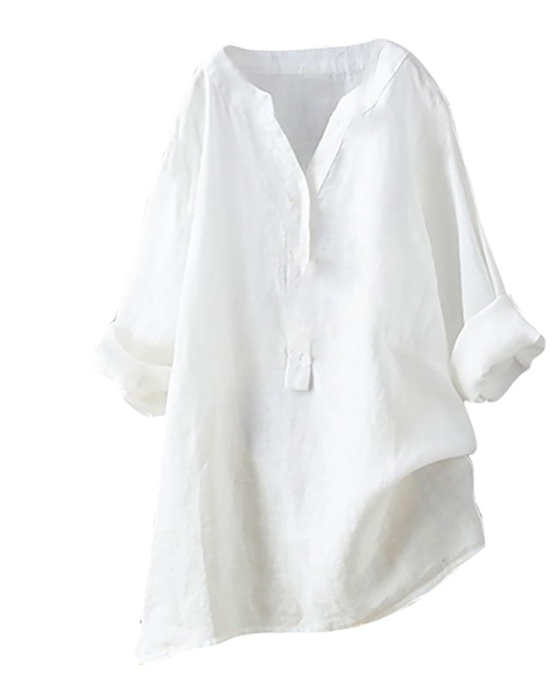 Anneliese Tunique Femme – Coton & Lin, Col V, Manches Longues, Coupe Ample