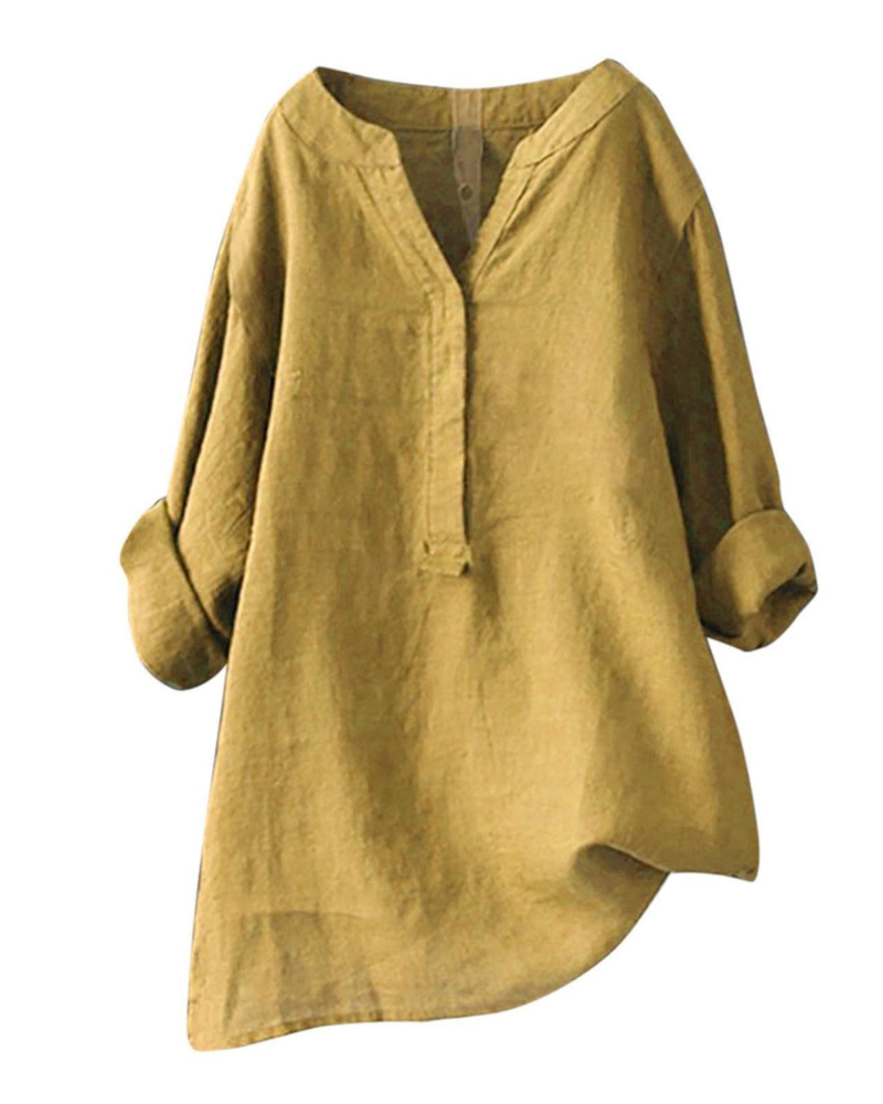 Anneliese Tunique Femme – Coton & Lin, Col V, Manches Longues, Coupe Ample