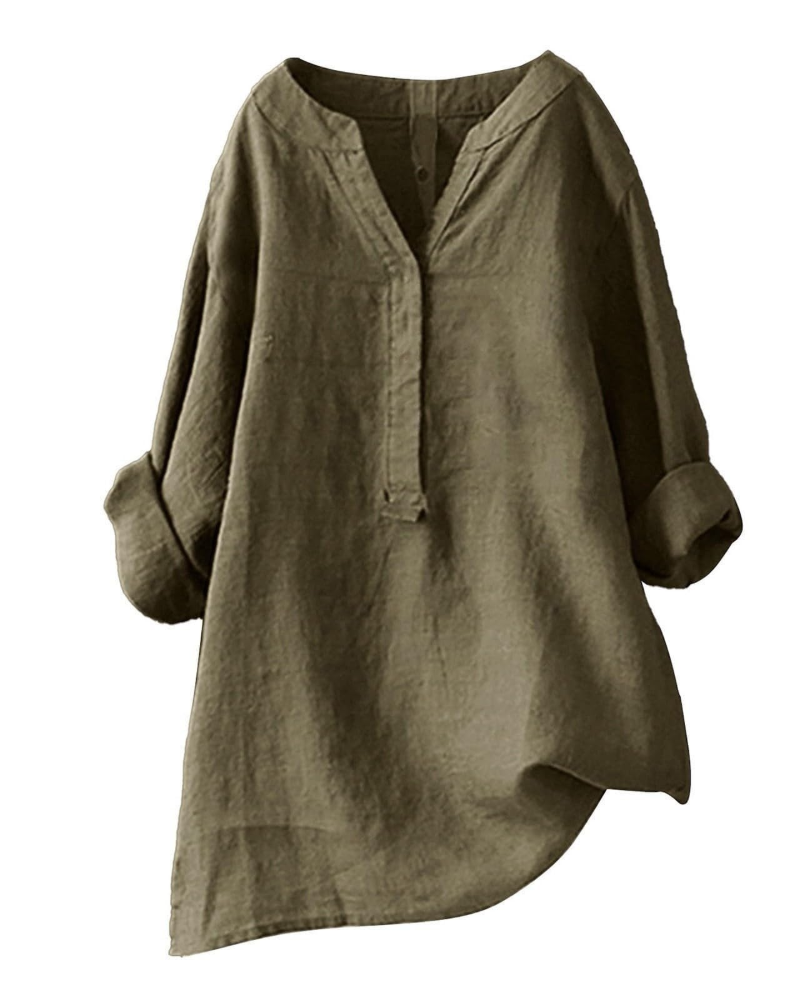 Anneliese Tunique Femme – Coton & Lin, Col V, Manches Longues, Coupe Ample