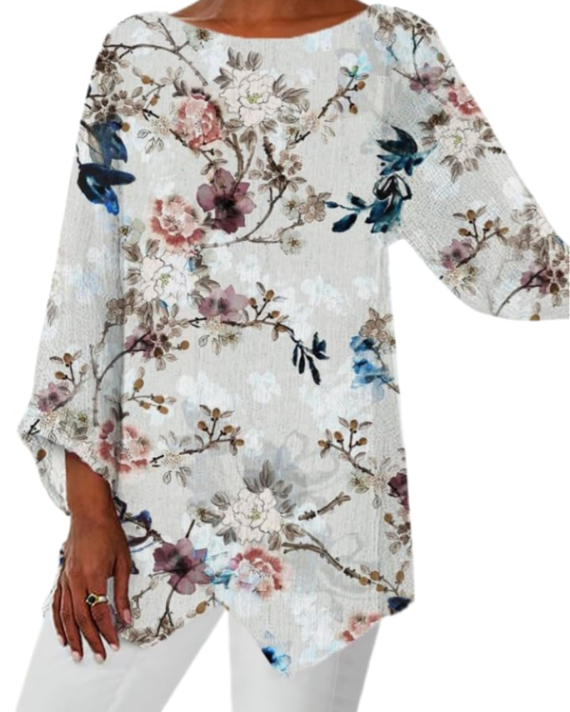Adelina Tunique Femme – Col Rond, Manches 3/4, Imprimé Floral, Coupe Longue & Ample