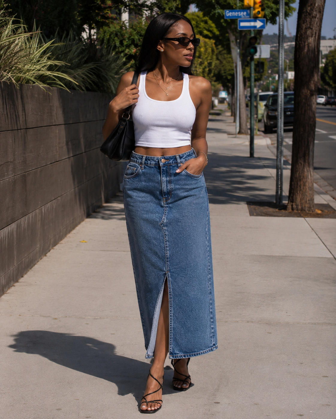 Nerissa Jupe Midi Femme – Denim Taille Haute, Fente Avant, Stretch & 5 Poches