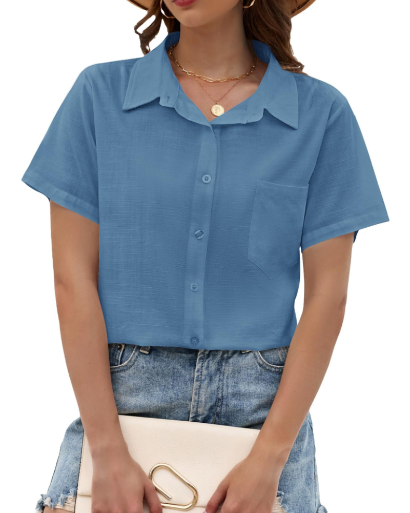 Delphine Blouse Femme – Coton, Viscose & Lin, Col V Boutonné, Manches Courtes & Poche