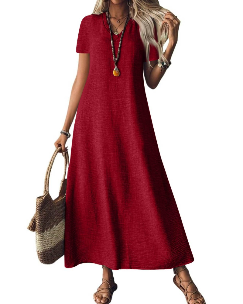 Theodora Robe Longue Femme – Col V, Manches Courtes, Coupe Fluide & Poches