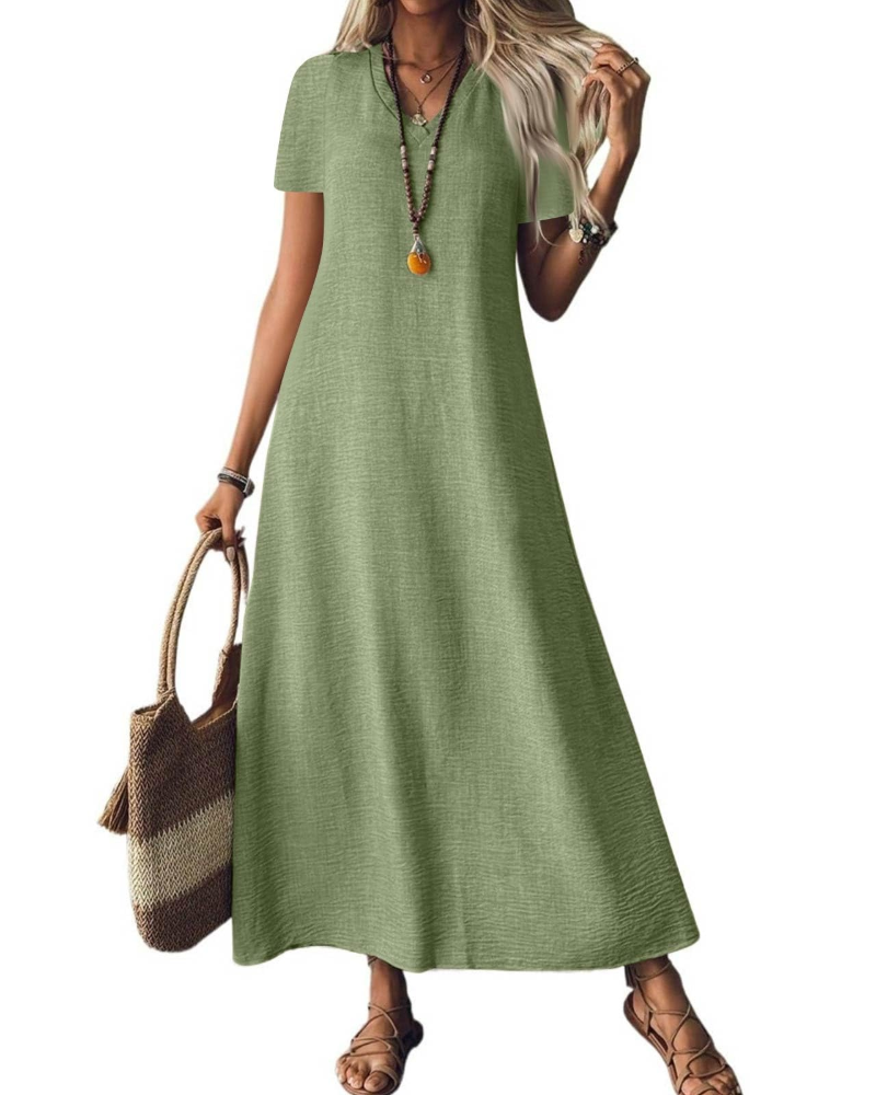 Theodora Robe Longue Femme – Col V, Manches Courtes, Coupe Fluide & Poches
