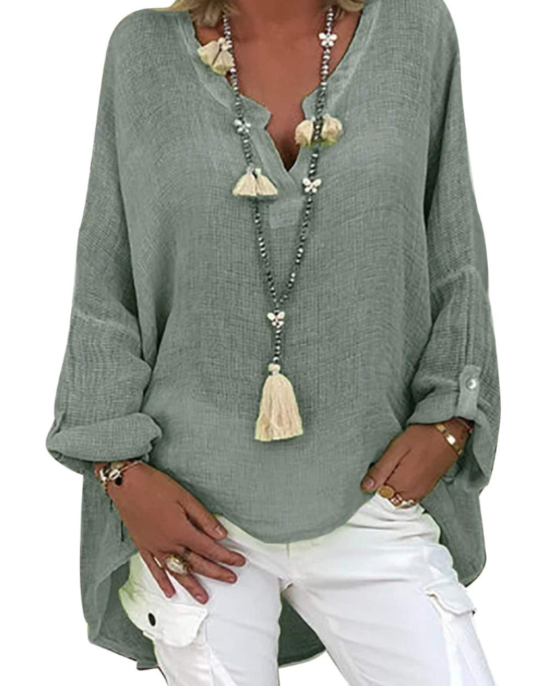 Corisande Blouse Tunique Femme – Lin & Viscose, Col V, Manches Longues & Coupe Fluide