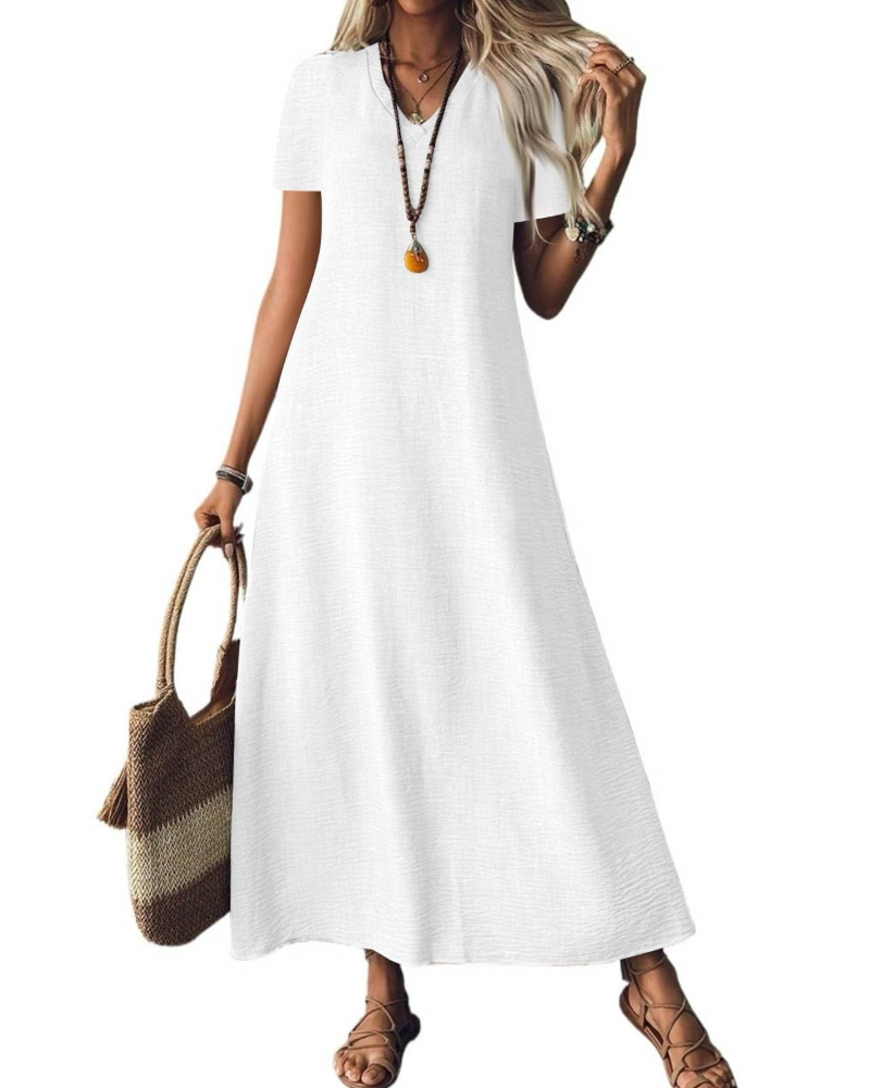 Theodora Robe Longue Femme – Col V, Manches Courtes, Coupe Fluide & Poches