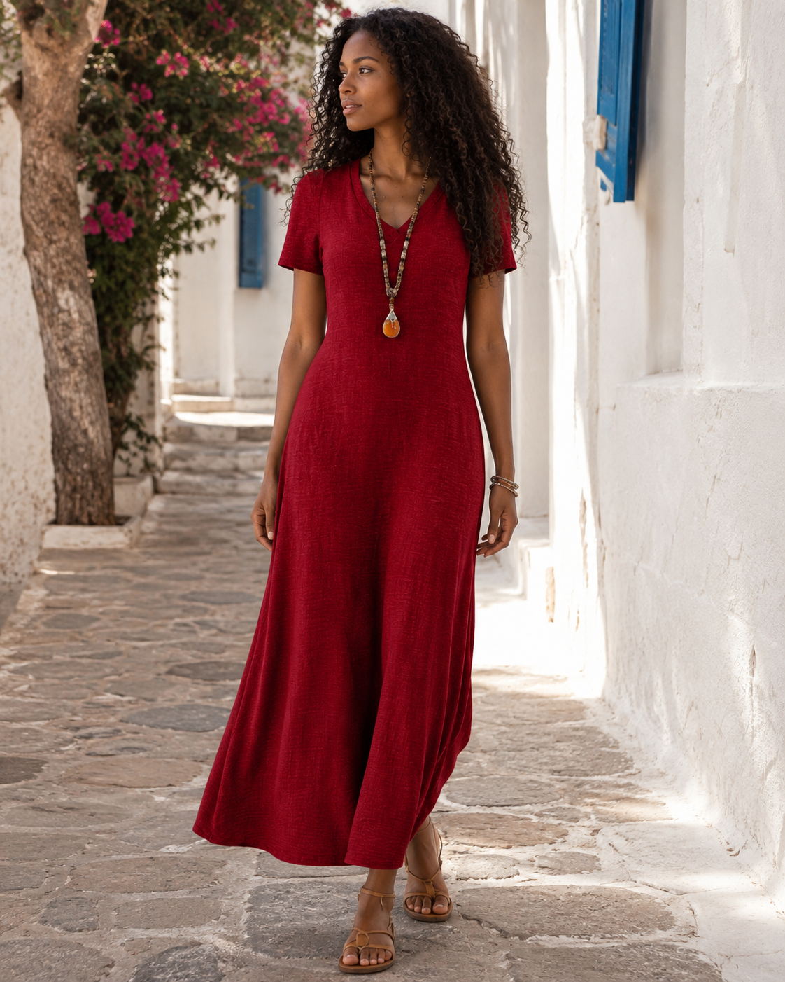 Theodora Robe Longue Femme – Col V, Manches Courtes, Coupe Fluide & Poches